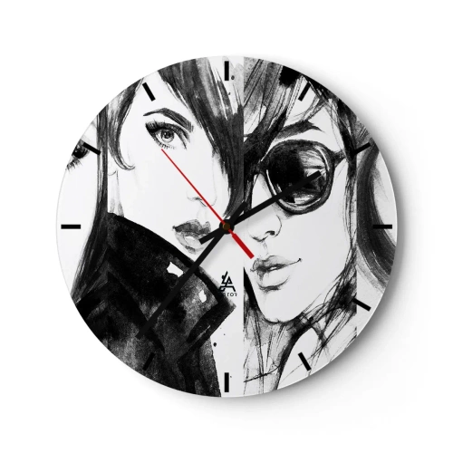 Relógio de parede - Relógio em vidro - Duas silhuetas femininas em estilo esboçado - 30x30cm - Beleza multiplicada - Decoração de parede moderna para a sala de estar, cozinha e quarto ARTTOR