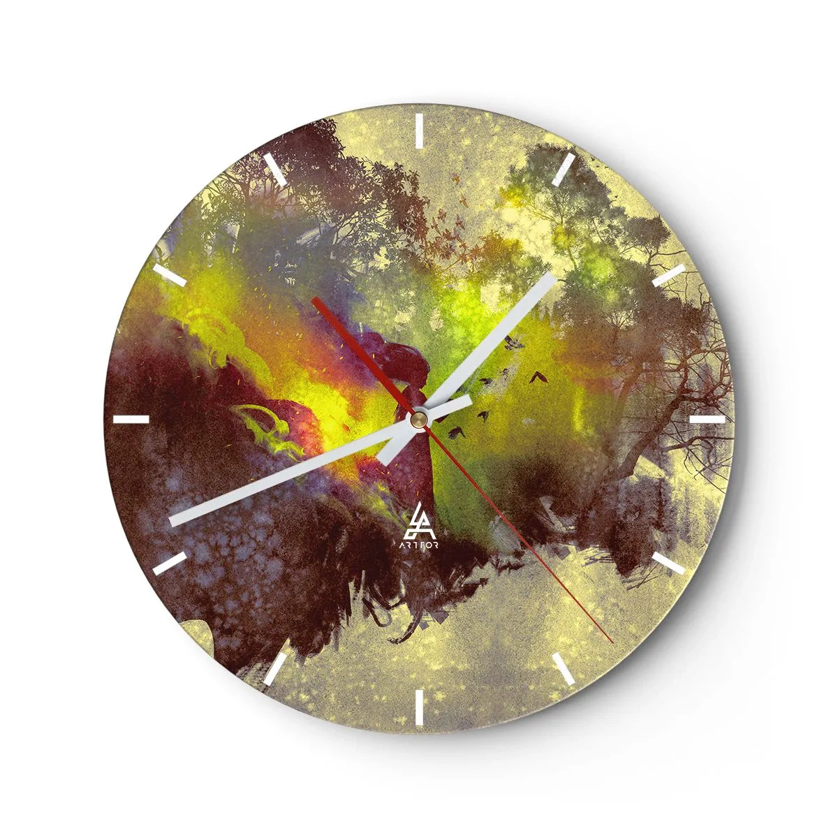 Relógio de parede - Relógio em vidro - Paisagem abstrata com elementos naturais e cores - 30x30cm - Mãe Natureza - Decoração de parede moderna para a sala de estar, cozinha e quarto ARTTOR