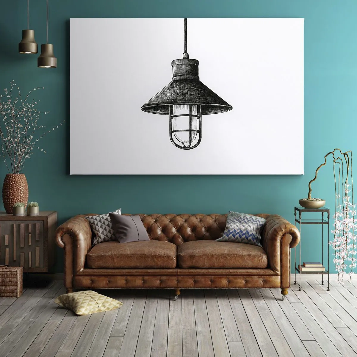 Quadro em tela - Desenho de uma luminária pendente retrô em um fundo branco - 70x50cm - Como antigamente… - Decoração de parede moderna para a sala de estar e quarto ARTTOR