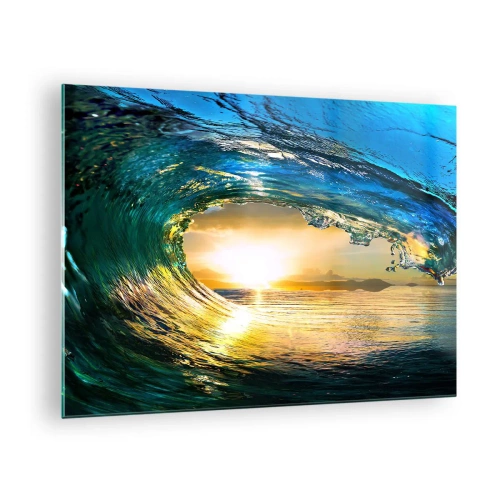 Quadro em vidro - Uma onda do oceano capturada pela luz do pôr do sol - 70x50cm - Em cristal esmeralda dourado - Decoração de parede moderna para a sala de estar e quarto ARTTOR