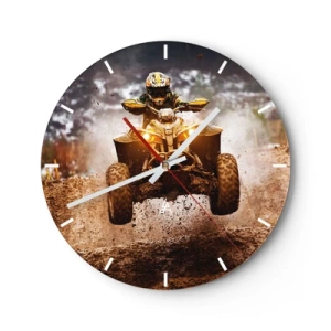 Relógio de parede - Relógio em vidro - Um quadriciclo em movimento em uma pista lamacenta, passeio off-road dinâmico - 30x30cm - No risk no fun - Decoração de parede moderna para a sala de estar, cozinha e quarto ARTTOR