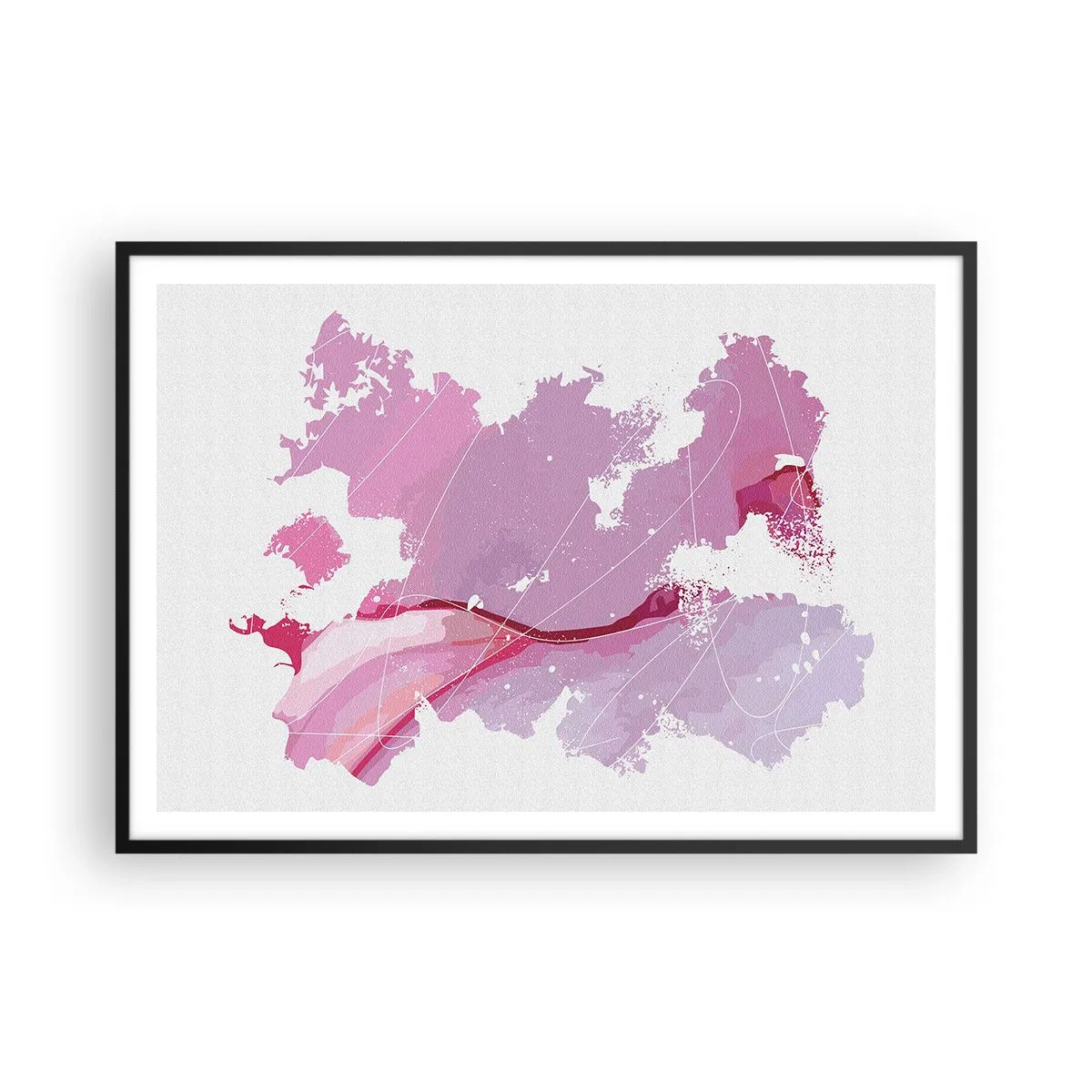 Pôster com moldura preta - Mapa do mundo rosa - 100x70 cm