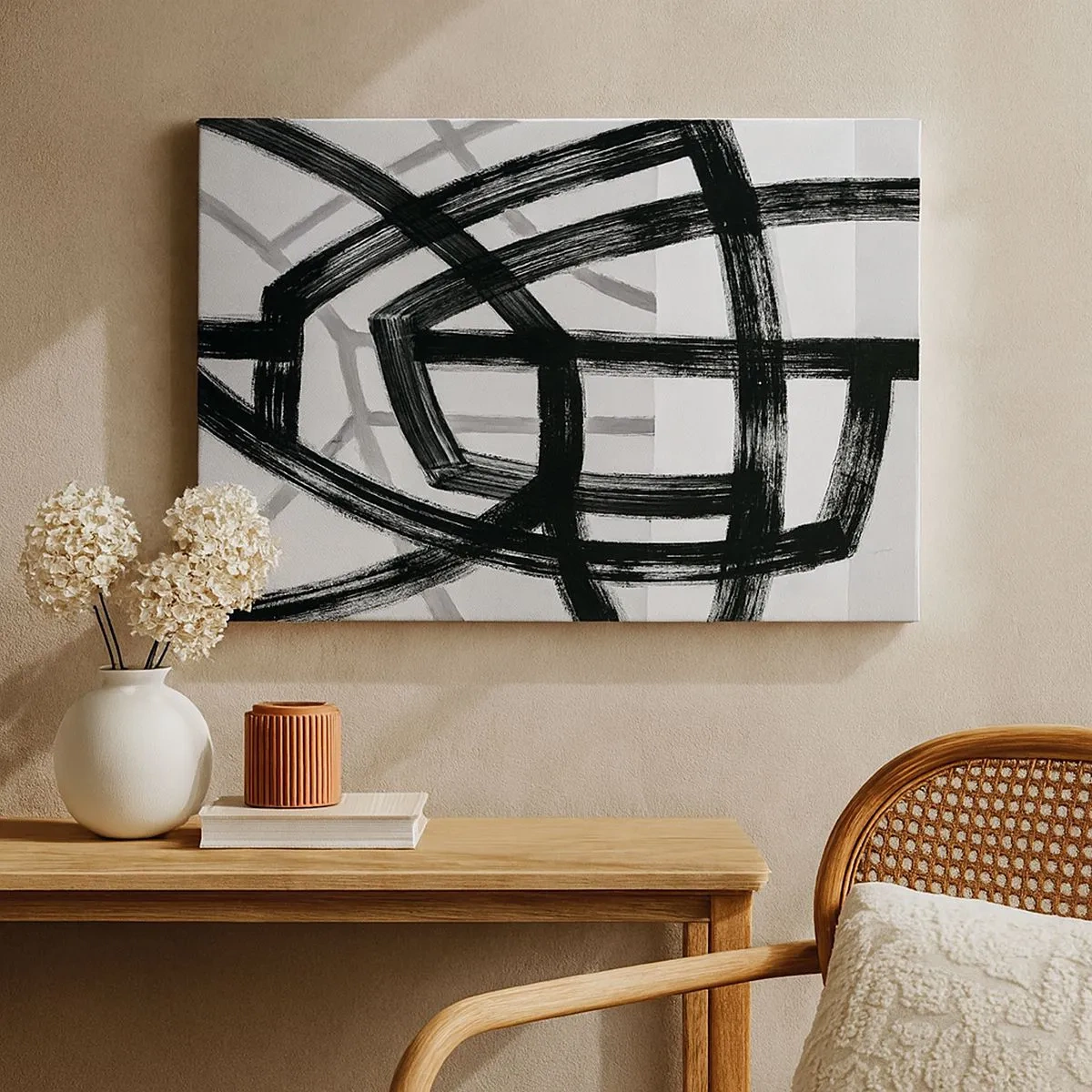 Quadro em tela - Linhas abstratas em preto e branco se cruzando em um fundo claro - 70x50cm - Profundidade de construção - Decoração de parede moderna para a sala de estar e quarto ARTTOR