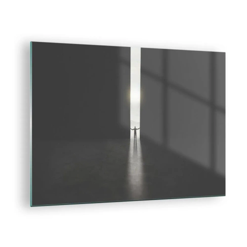 Quadro em vidro - Silhueta de um homem abrindo uma porta para uma luz brilhante - 70x50cm - Um passo para um futuro brilhante - Decoração de parede moderna para a sala de estar e quarto ARTTOR