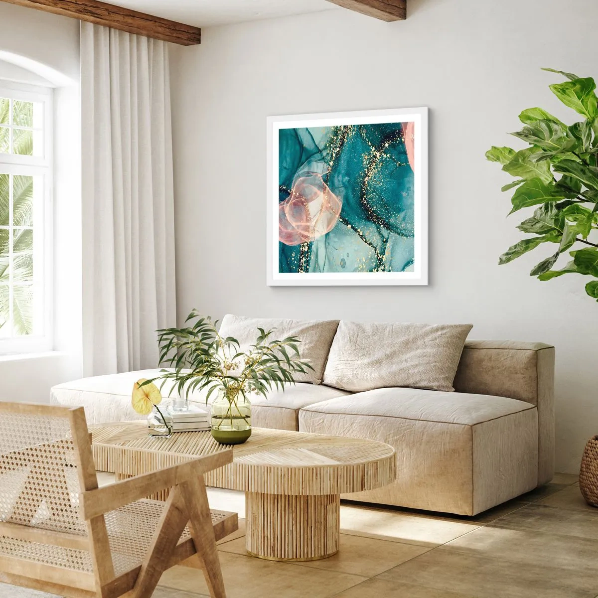 Pôster em moldura branca - Azul seda, rosa tule - 30x30 cm