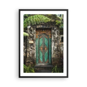 Pôster com moldura preta - Porta rústica com ornamentos orientais em verde - 50x70cm - Portas para um mundo exótico - Decoração de parede moderna para a sala de estar e quarto ARTTOR
