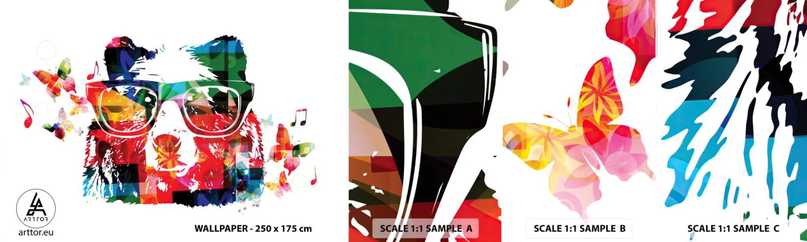 Amostra de Papel de Parede Standard Eco - Urso da moda - Abstração, Urso, Copos - 100x30 cm