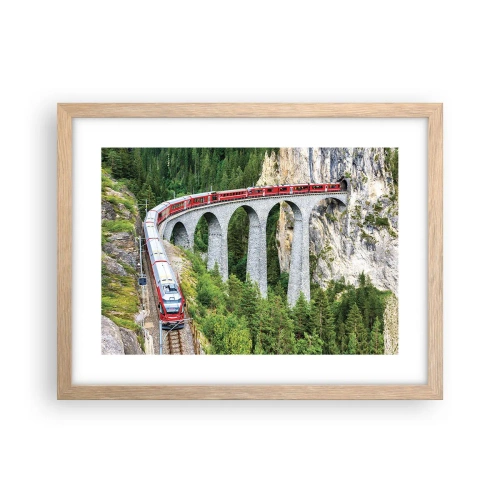Pôster com moldura de carvalho claro - Linha férrea com vista para a montanha - 40x30 cm