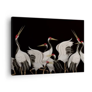 Quadro em tela - Guindastes brancos com detalhes em vermelho sobre fundo preto - 70x50cm - Assuntos de aves - Decoração de parede moderna para a sala de estar e quarto ARTTOR
