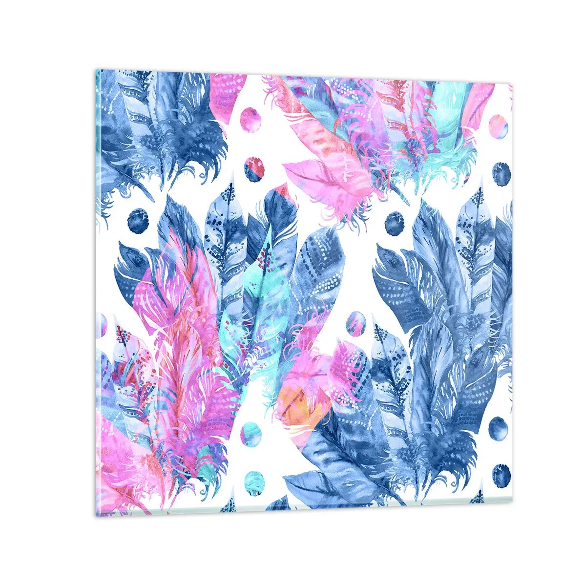 Quadro em vidro - Plumas em rosa e azul - 30x30 cm