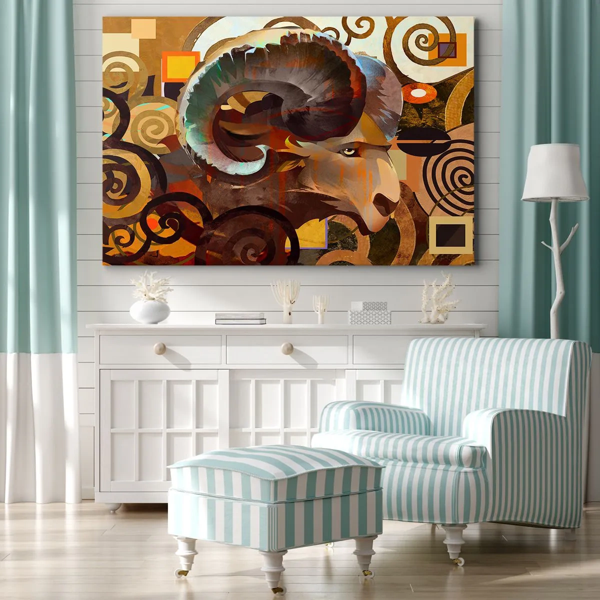 Quadro em tela - Um carneiro simbólico em uma composição abstrata - 70x50cm - Magia - religiões - rituais - Decoração de parede moderna para a sala de estar e quarto ARTTOR