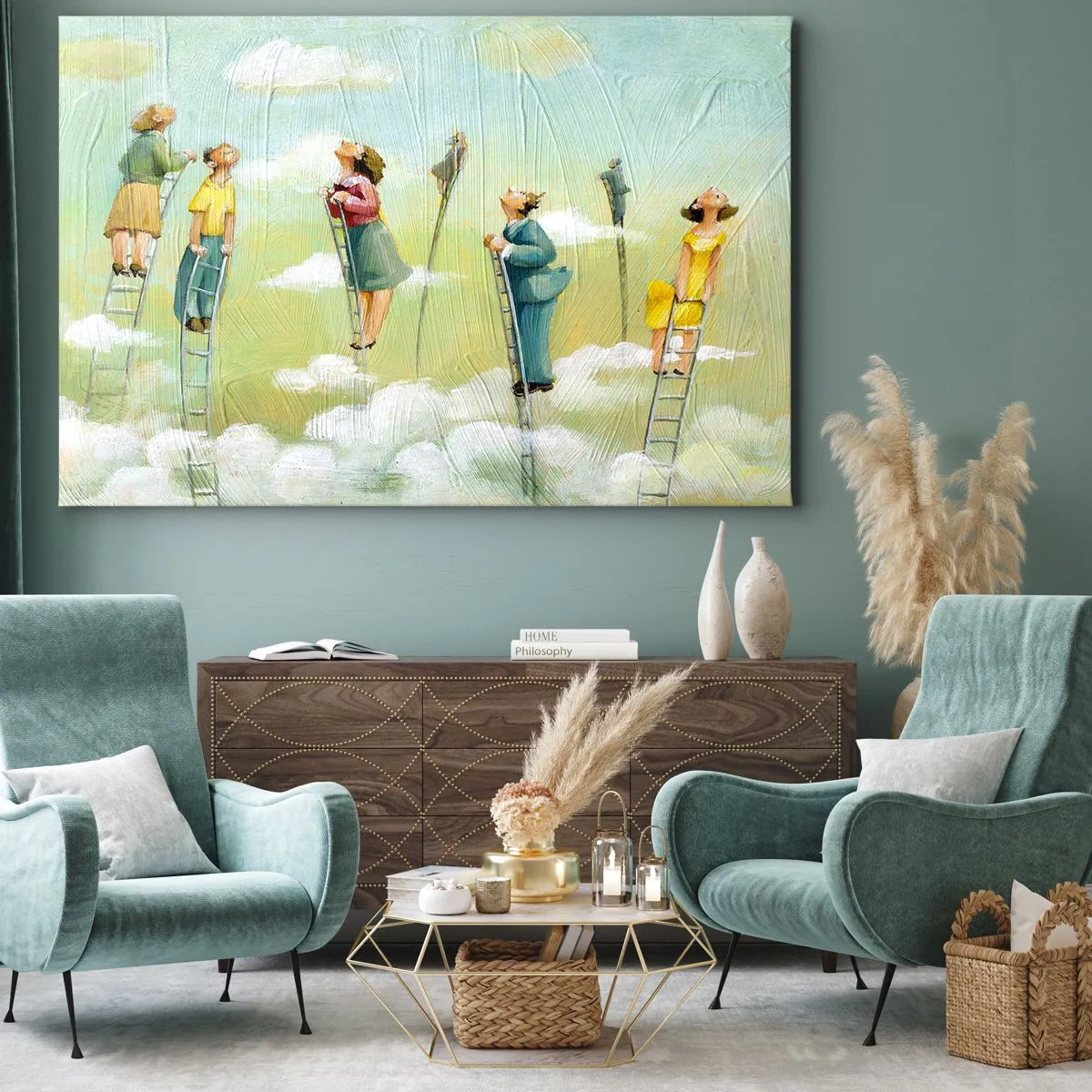 Quadro em tela - Figuras subindo escadas entre nuvens em um fundo pastel. - 70x50cm - Por trás do seu sonho - Decoração de parede moderna para a sala de estar e quarto ARTTOR