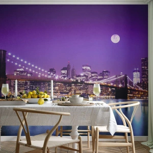 Papel de Parede Premium Sand - Luzes de uma grande cidade em roxo - Cidade, Nova Iorque, Ponte do Brooklyn - 200x140 cm
