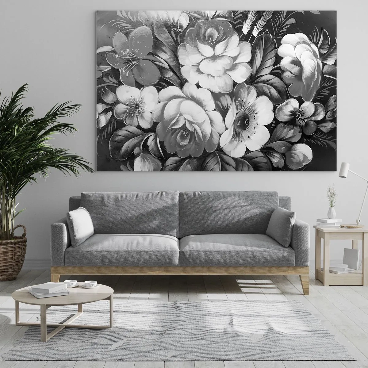 Quadro em vidro - Um elegante buquê de flores em tons de cinza - 70x50cm - A beleza em cinza - Decoração de parede moderna para a sala de estar e quarto ARTTOR