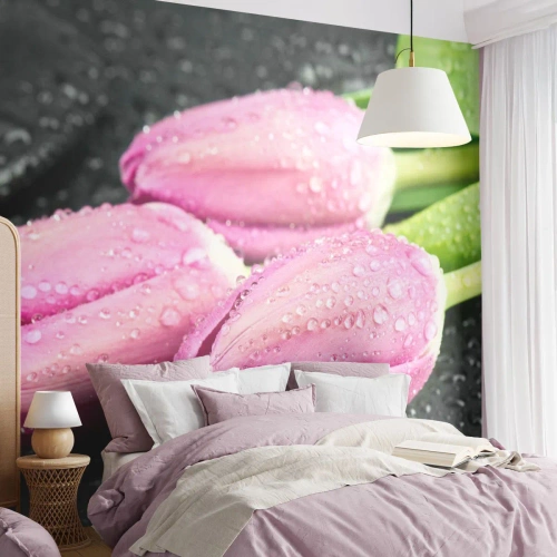 Papel de Parede Premium Canvas - Trio lilás três em pedra - Flores, Tulipas, Buquê de flores - 100x70 cm