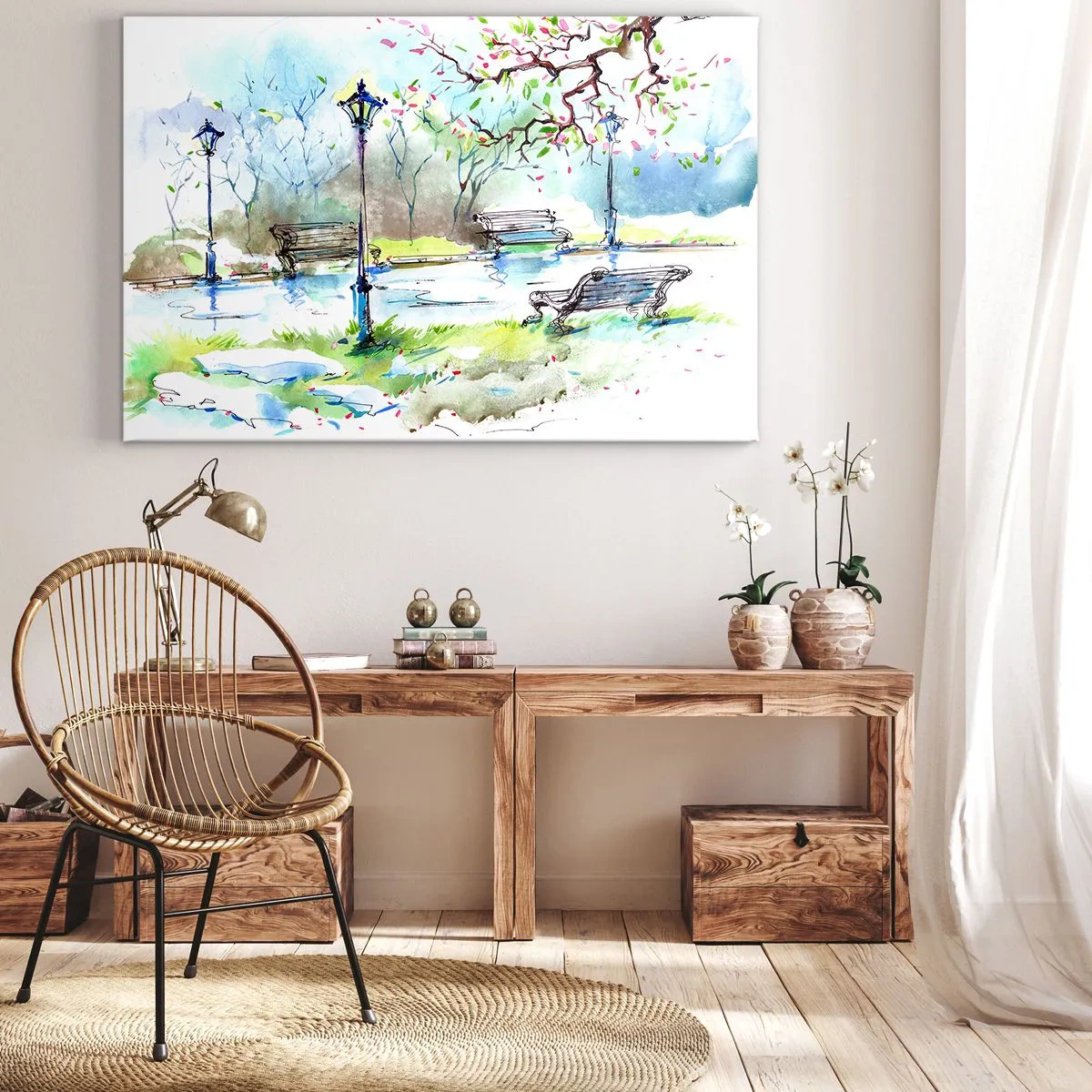 Quadro em tela - Cena de parque em aquarela com bancos e lâmpadas - 70x50cm - O encanto do silêncio do parque - Decoração de parede moderna para a sala de estar e quarto ARTTOR