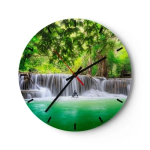 Relógio de parede - Relógio em vidro - Uma cachoeira em uma floresta tropical com água verde e vegetação exuberante - 30x30cm - Cascata verde - Decoração de parede moderna para a sala de estar, cozinha e quarto ARTTOR