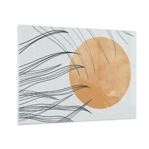 Quadro em vidro - Sol laranja com linhas dinâmicas em um fundo claro - 70x50cm - Sempre em direção ao sol - Decoração de parede moderna para a sala de estar e quarto ARTTOR