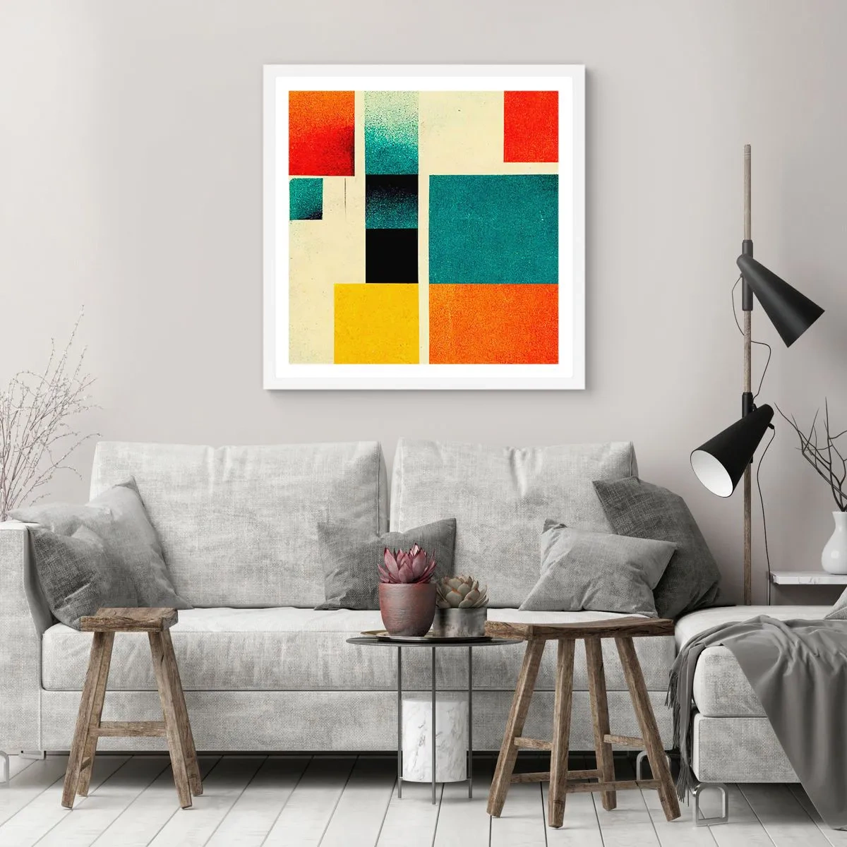 Pôster em moldura branca - Abstração geométrica – boa energia - 50x50 cm