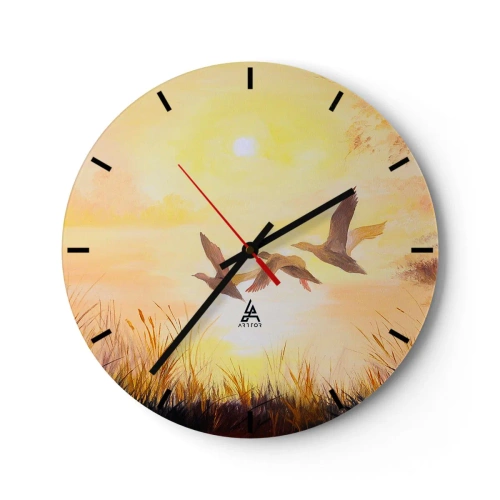 Relógio de parede - Relógio em vidro - Patos voando contra o cenário do pôr do sol e da grama - 30x30cm - O início de uma longa viagem - Decoração de parede moderna para a sala de estar, cozinha e quarto ARTTOR