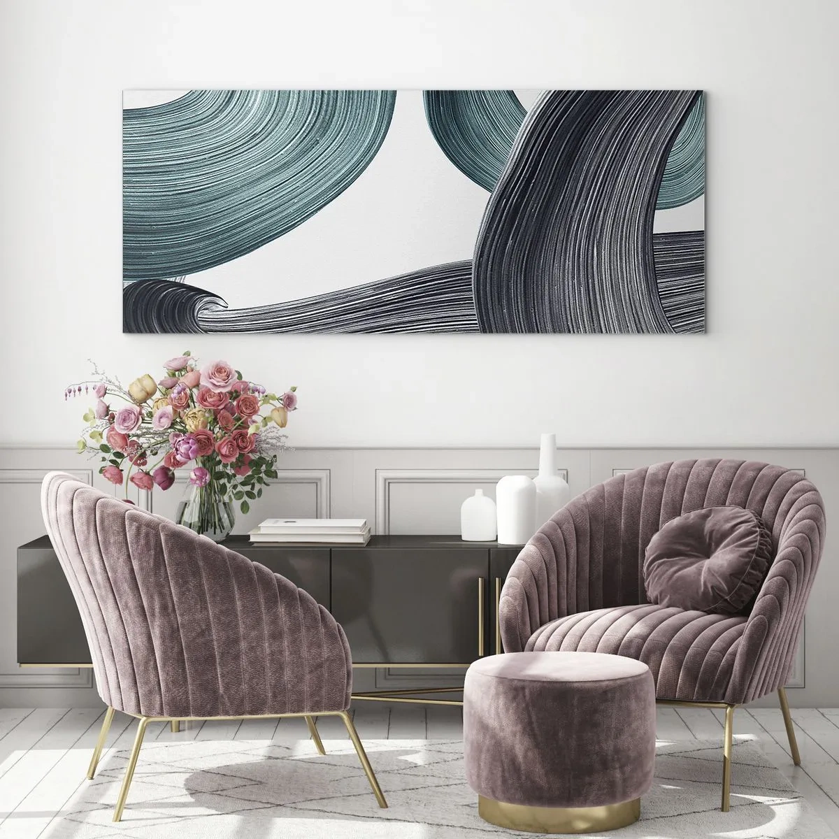 Quadro em vidro - Trilhas esmeralda e preta - 100x40 cm