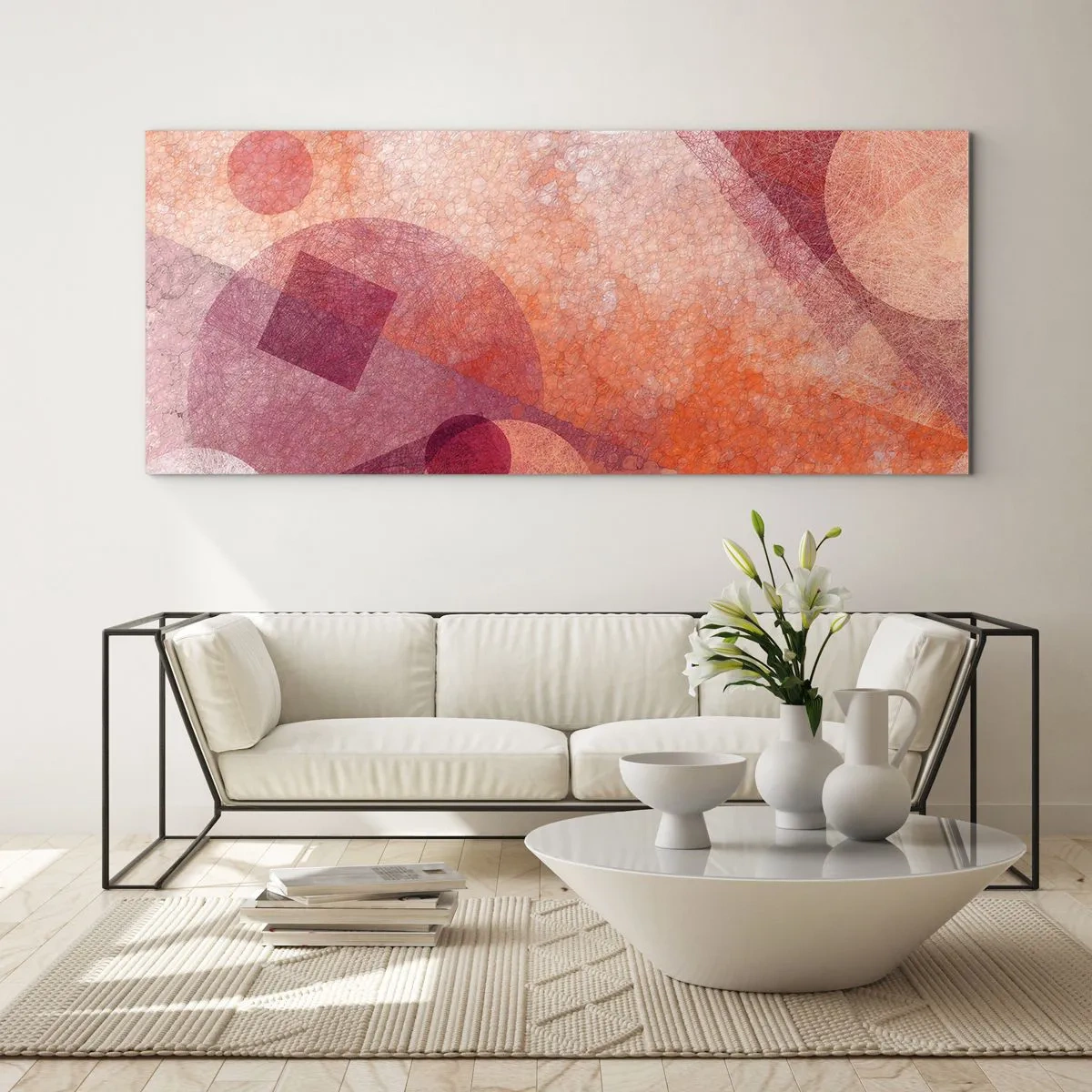 Quadro em vidro - Transformações geométricas em rosa - 90x30 cm