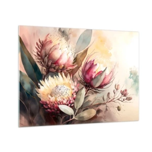 Quadro em vidro - Flores de protea em cores pastel sobre fundo artístico - 70x50cm - De perfil e de frente - Decoração de parede moderna para a sala de estar e quarto ARTTOR