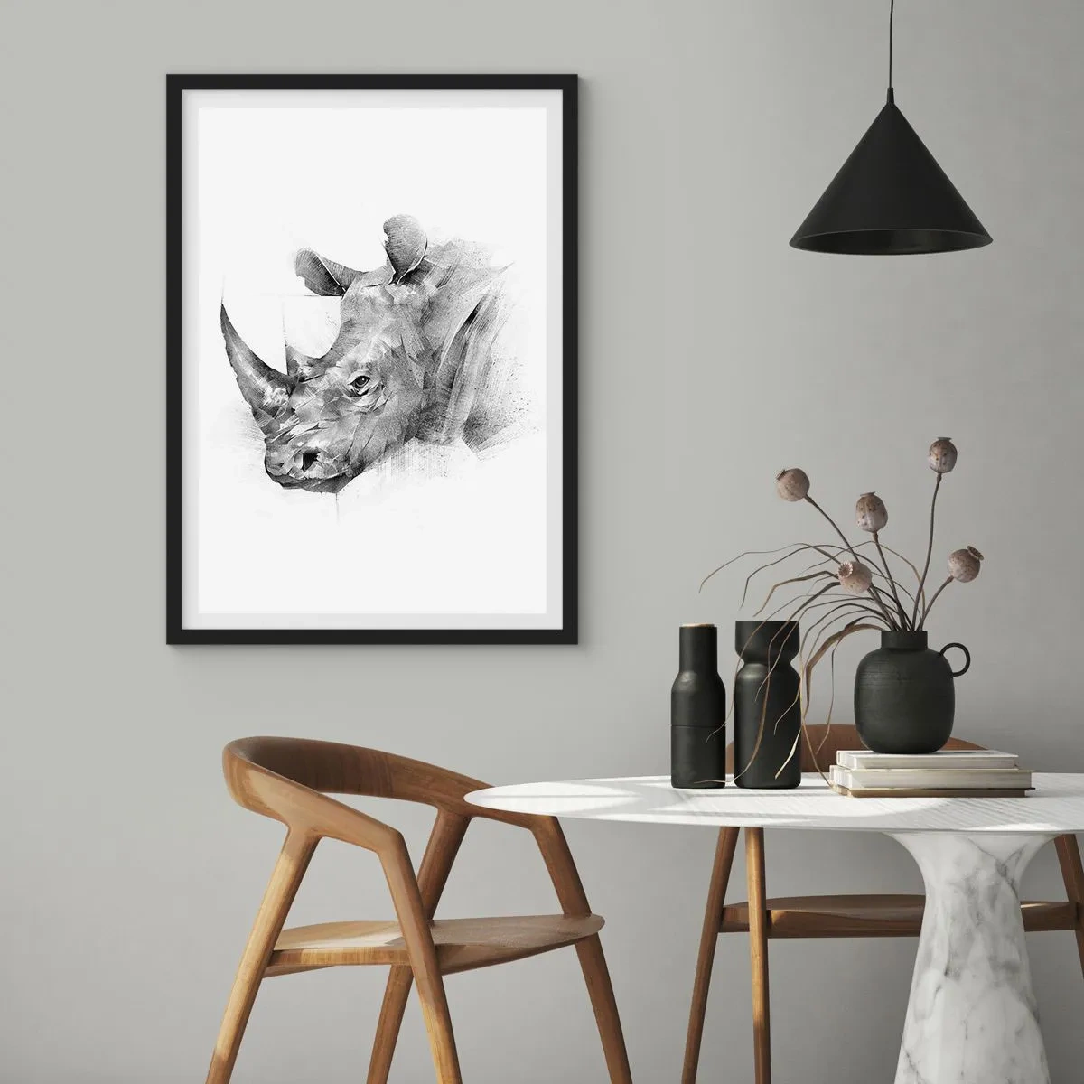 Pôster com moldura preta - Desenho gráfico de um rinoceronte em preto e branco - 50x70cm - Retrato africano - Decoração de parede moderna para a sala de estar e quarto ARTTOR