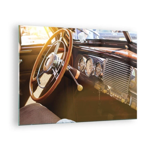 Quadro em vidro - Interior de um carro antigo com volante de madeira - 70x50cm - Um sopro de luxo do passado - Decoração de parede moderna para a sala de estar e quarto ARTTOR