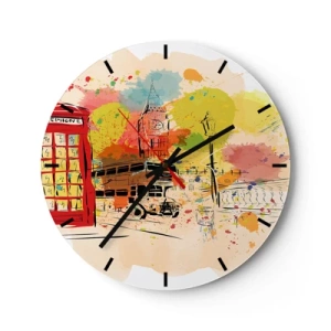 Relógio de parede - Relógio em vidro - Um esboço colorido da cidade com o Big Ben e um ônibus vermelho. - 30x30cm - A cidade da variedade - Decoração de parede moderna para a sala de estar, cozinha e quarto ARTTOR