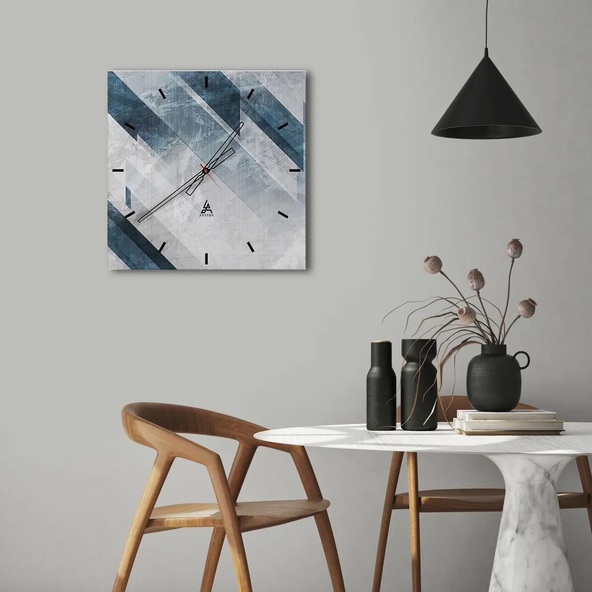 Relógio de parede - Relógio em vidro - Arte espacial – movimento cinzento - 30x30 cm