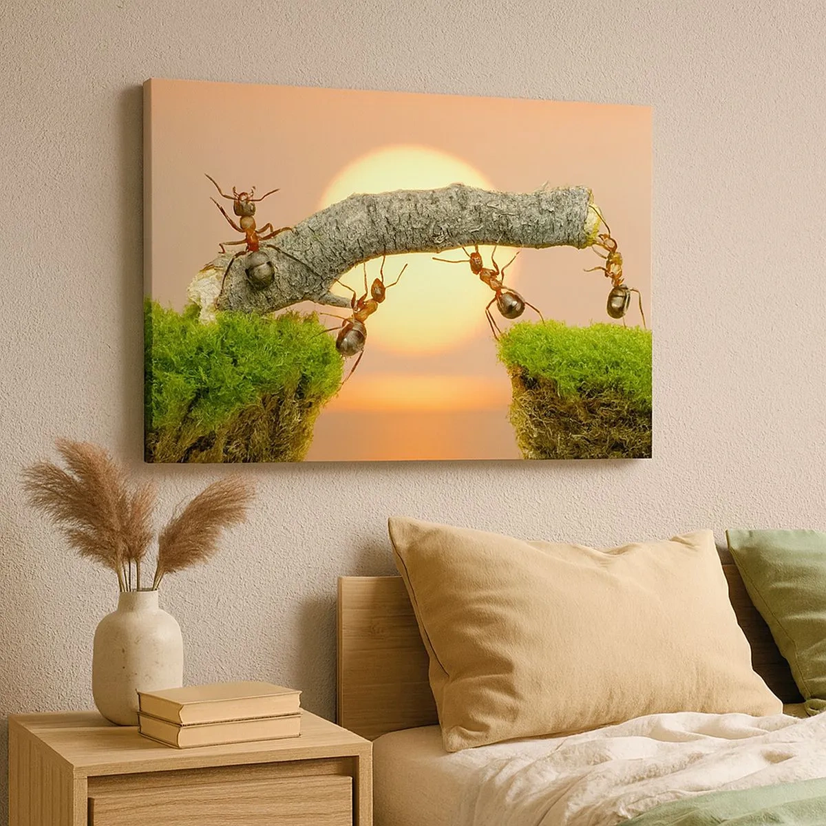 Quadro em tela - Formigas construindo uma ponte de galhos tendo como pano de fundo o pôr do sol. - 70x50cm - Trabalho alegre e colaborativo - Decoração de parede moderna para a sala de estar e quarto ARTTOR