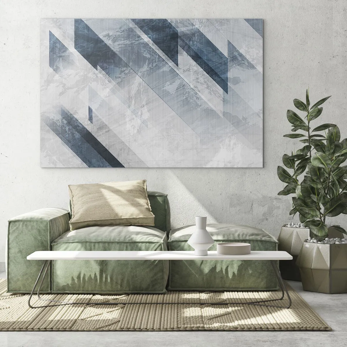 Quadro em vidro - Listras geométricas em tons de cinza e azul marinho - 70x50cm - Arte espacial – movimento cinzento - Decoração de parede moderna para a sala de estar e quarto ARTTOR