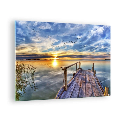 Quadro em vidro - Píer à beira do lago ao pôr do sol com pássaros no céu - 70x50cm - O vento descansa - Decoração de parede moderna para a sala de estar e quarto ARTTOR