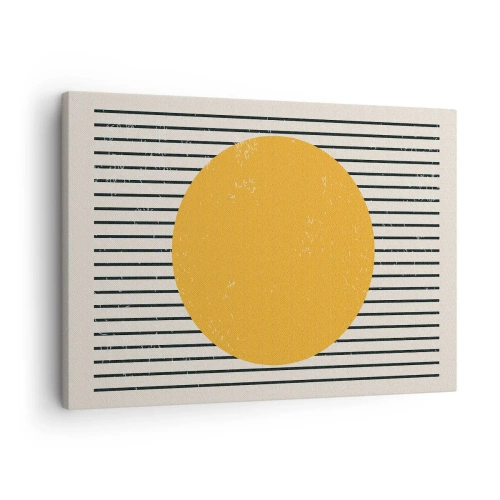 Quadro em tela - Um círculo amarelo em um fundo de linhas horizontais pretas e brancas - 70x50cm - O poder da simplicidade - Decoração de parede moderna para a sala de estar e quarto ARTTOR