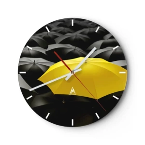 Relógio de parede - Relógio em vidro - Um guarda-chuva amarelo se destacando contra o fundo preto - 30x30cm - Adeus à tristeza - Decoração de parede moderna para a sala de estar, cozinha e quarto ARTTOR