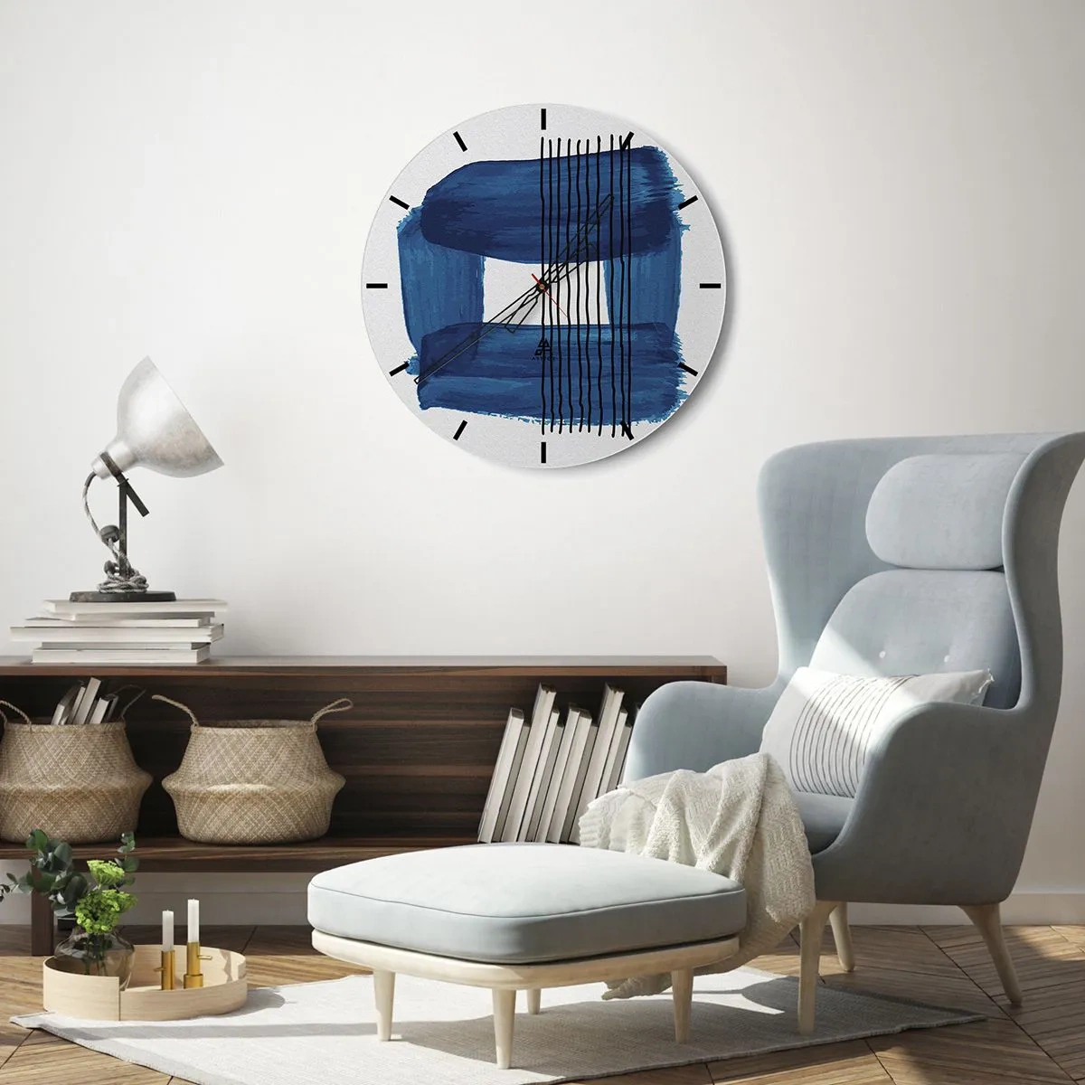 Relógio de parede - Relógio em vidro - Motivo abstrato com tinta azul e linhas pretas - 30x30cm - Composição azul-negra - Decoração de parede moderna para a sala de estar, cozinha e quarto ARTTOR