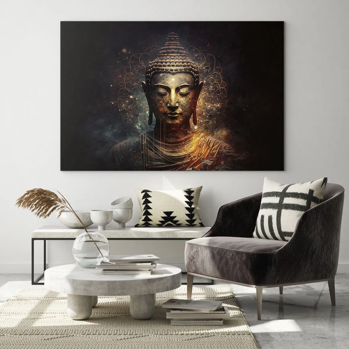 Quadro em vidro - Uma figura dourada de Buda sobre um fundo escuro com ornamentos - 70x50cm - Equilíbrio espiritual - Decoração de parede moderna para a sala de estar e quarto ARTTOR