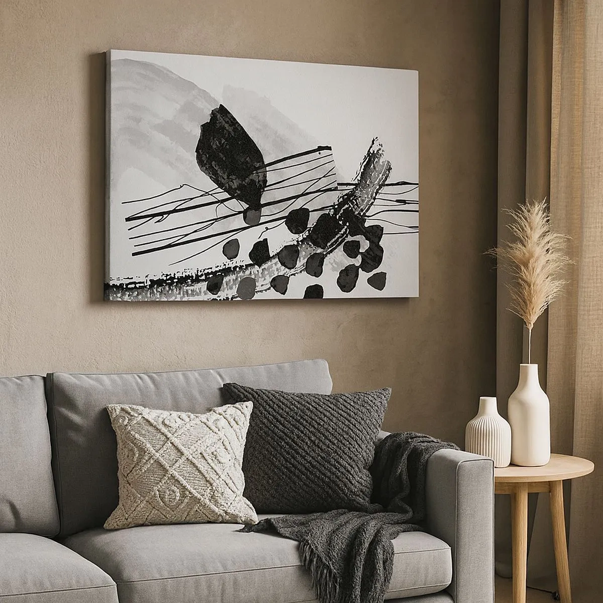 Quadro em tela - Composição abstrata em preto e branco com formas orgânicas - 70x50cm - Abstração orgánica em preto e branco - Decoração de parede moderna para a sala de estar e quarto ARTTOR