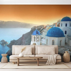 Papel de Parede Autocolante Deluxe Sticker - Santorini - abraçada às rochas - Paisagem, Grécia, Santorini - 350x256 cm