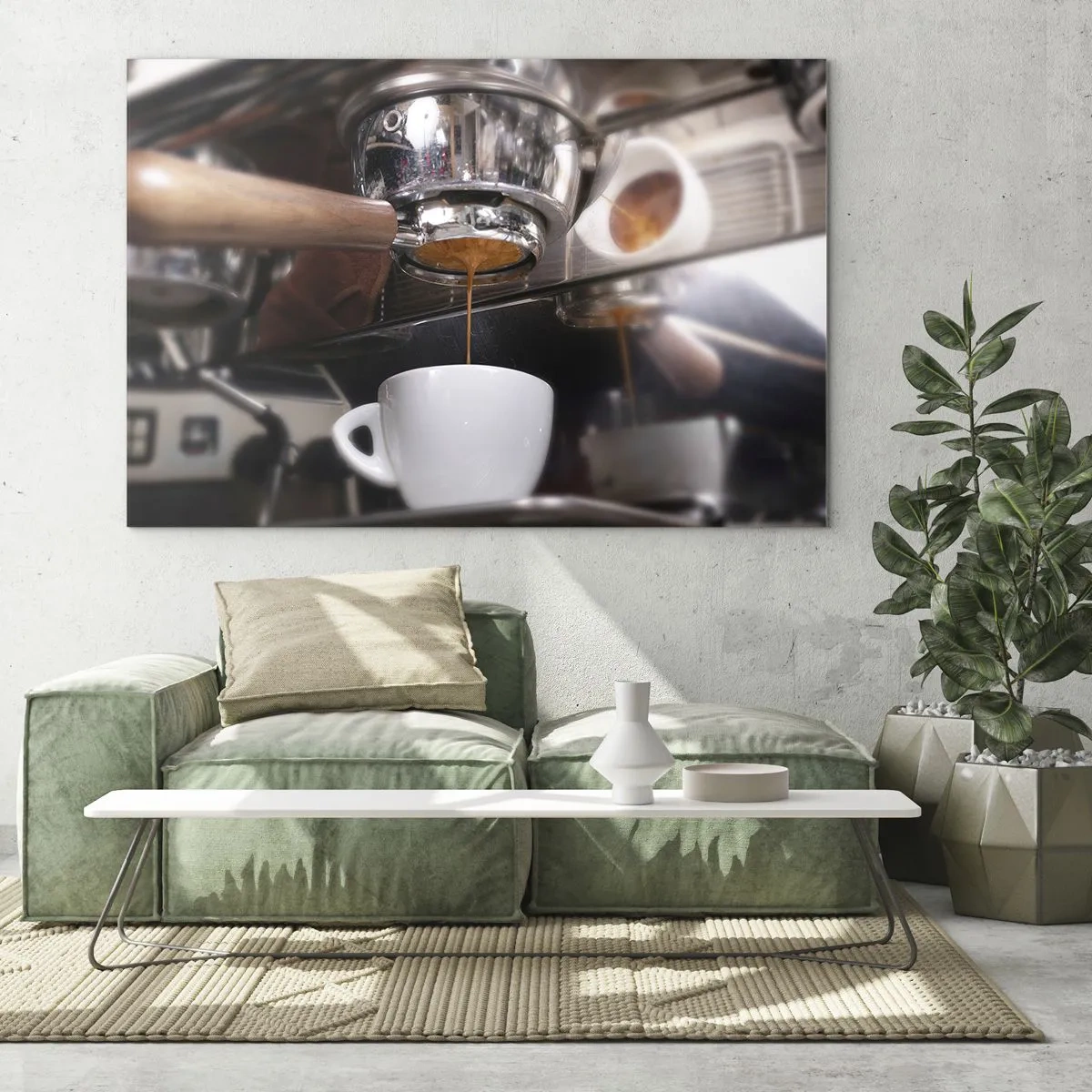 Quadro em vidro - Close-up de uma xícara de café sendo despejada de uma cafeteira de pressão - 70x50cm - Boa hora do dia - Decoração de parede moderna para a sala de estar e quarto ARTTOR
