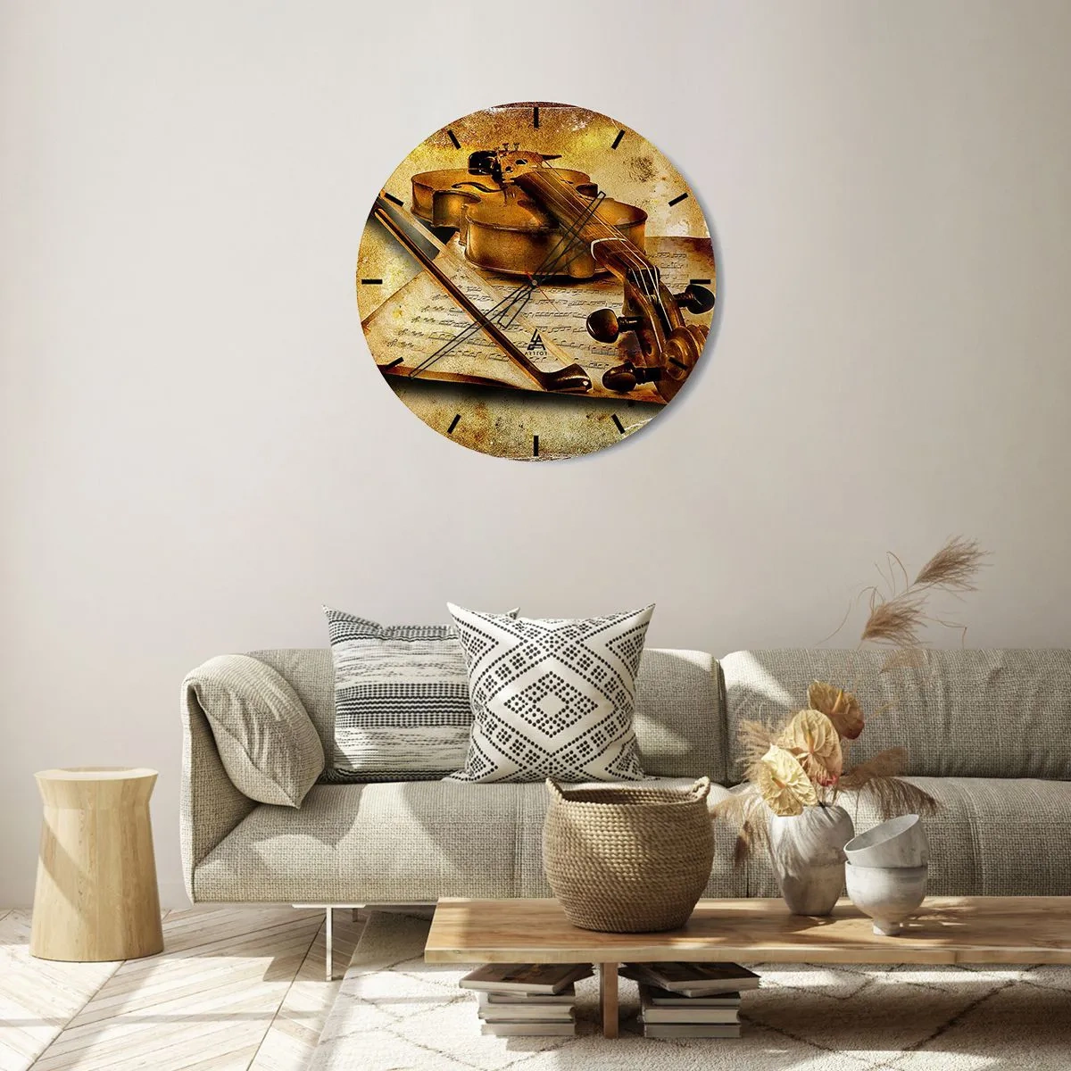 Relógio de parede - Relógio em vidro - Um motivo de violino com notas musicais em um fundo dourado - 30x30cm - Precisa-se de virtuoso - Decoração de parede moderna para a sala de estar, cozinha e quarto ARTTOR