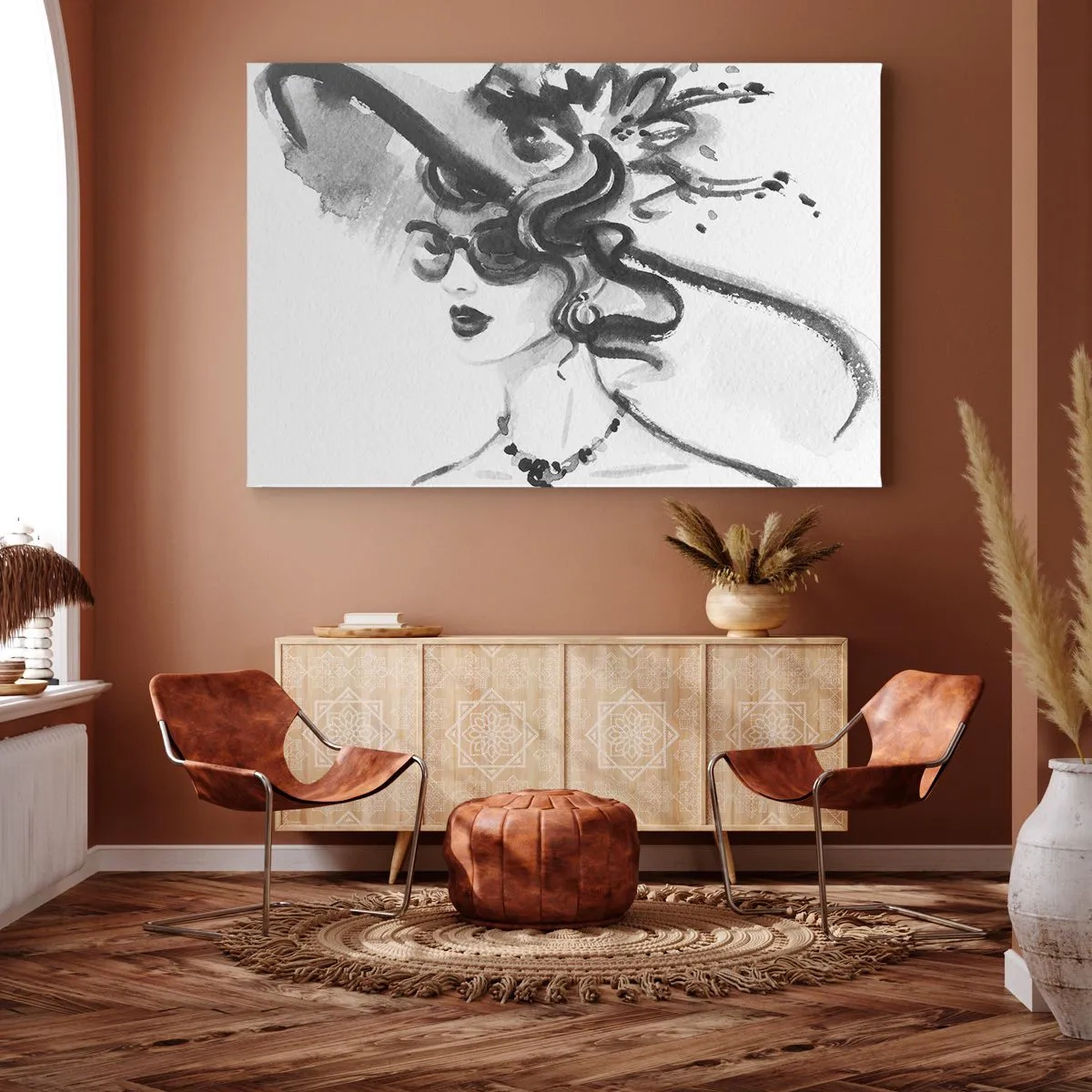 Quadro em tela - Mulher elegante com um chapéu em estilo preto e branco - 70x50cm - Uma dama com caráter - Decoração de parede moderna para a sala de estar e quarto ARTTOR