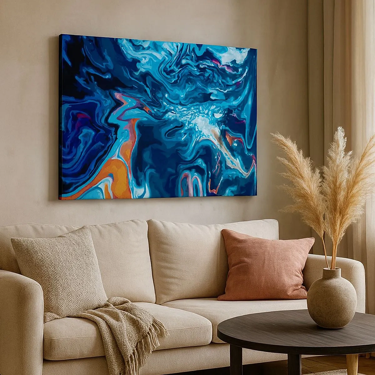 Quadro em tela - Um padrão abstrato em tons de azul com detalhes em laranja. - 70x50cm - Viagem ao centro do céu - Decoração de parede moderna para a sala de estar e quarto ARTTOR