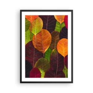 Pôster com moldura preta - Folhas coloridas em tons de verde, laranja e vermelho dispostas em um padrão de mosaico - 50x70cm - Mosaico de outono - Decoração de parede moderna para a sala de estar e quarto ARTTOR