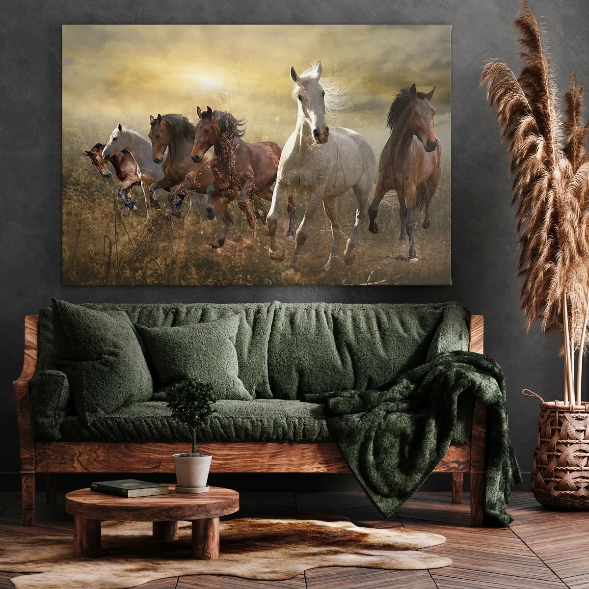 Quadro em tela - Um grupo de cavalos galopando contra o pôr do sol - 70x50cm - Viva a liberdade! - Decoração de parede moderna para a sala de estar e quarto ARTTOR