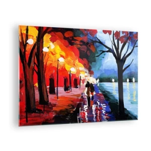 Quadro em vidro - Um casal caminhando em um parque colorido à noite - 70x50cm - Outono ardente no parque - Decoração de parede moderna para a sala de estar e quarto ARTTOR