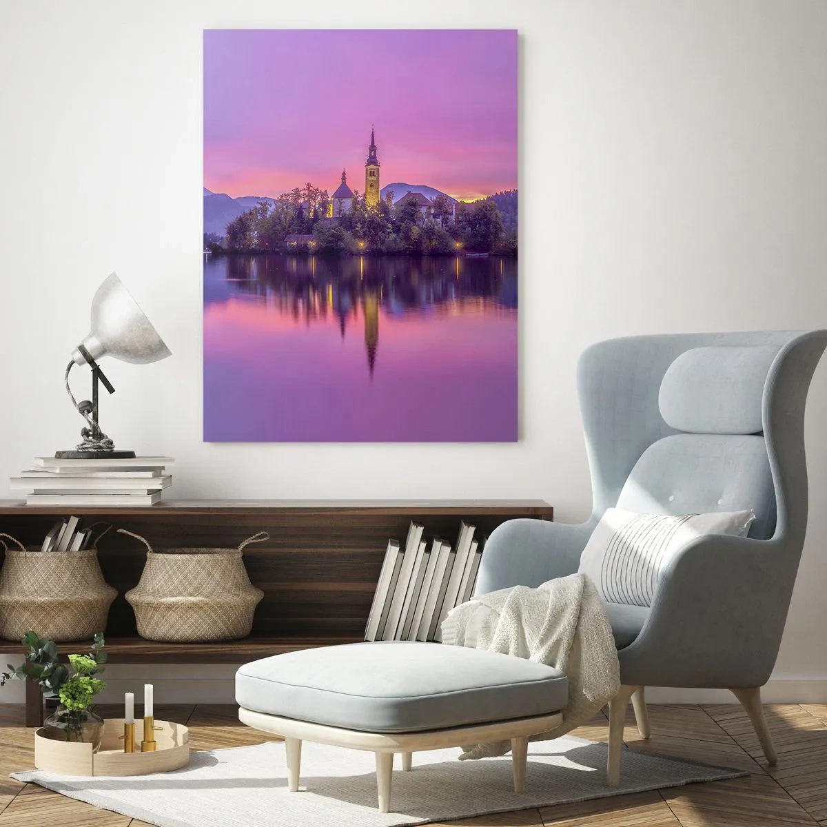 Quadro em vidro - Ilha de conto de fadas ao anoitecer - 50x70 cm