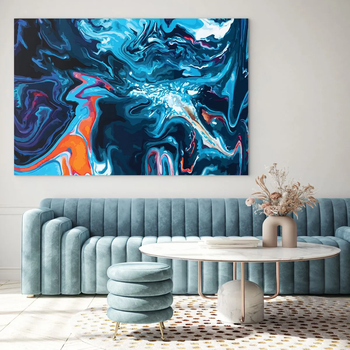 Quadro em vidro - Um padrão abstrato em tons de azul com detalhes em vermelho e branco. - 70x50cm - Viagem ao centro do céu - Decoração de parede moderna para a sala de estar e quarto ARTTOR