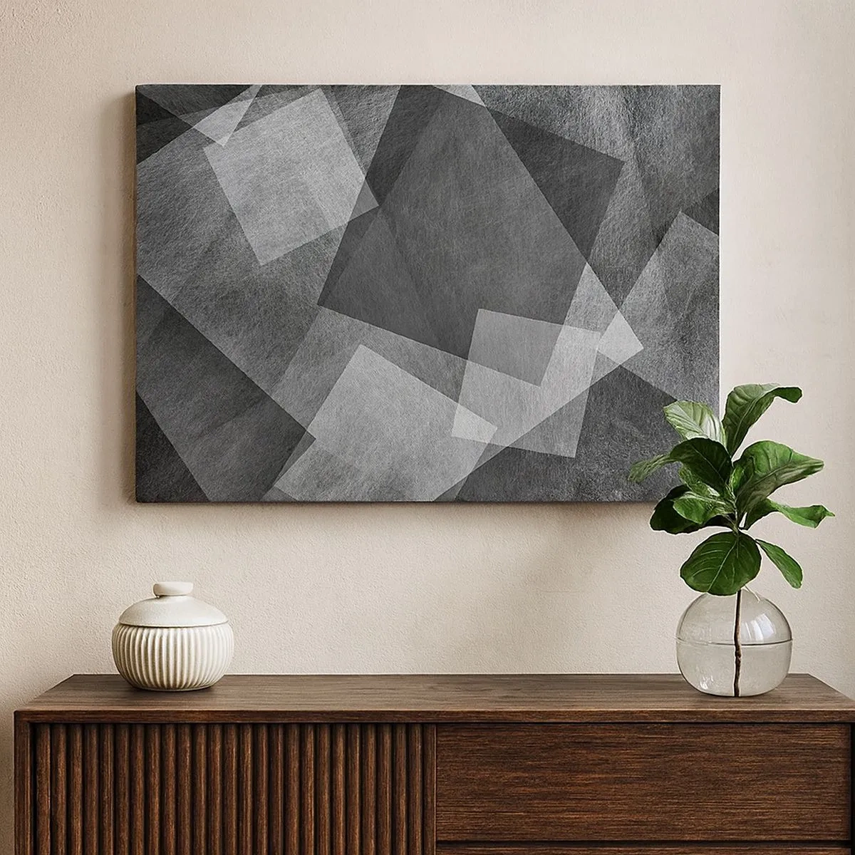 Quadro em tela - Abstração em preto e branco com formas geométricas - 70x50cm - Um eterno símbolo da durabilidade e da ordem - Decoração de parede moderna para a sala de estar e quarto ARTTOR